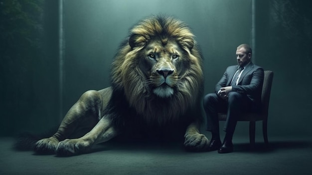 Photo un homme est assis à côté d'un lion qui dit 