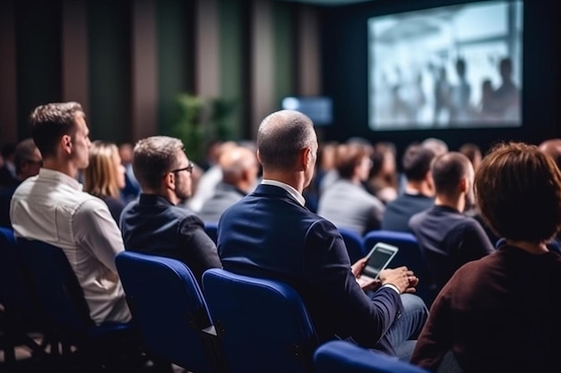 un homme est assis dans un auditorium avec un micro et une femme au premier plan