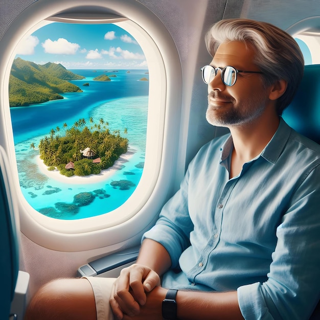 Photo un homme est assis dans un avion avec une photo d'une île tropicale