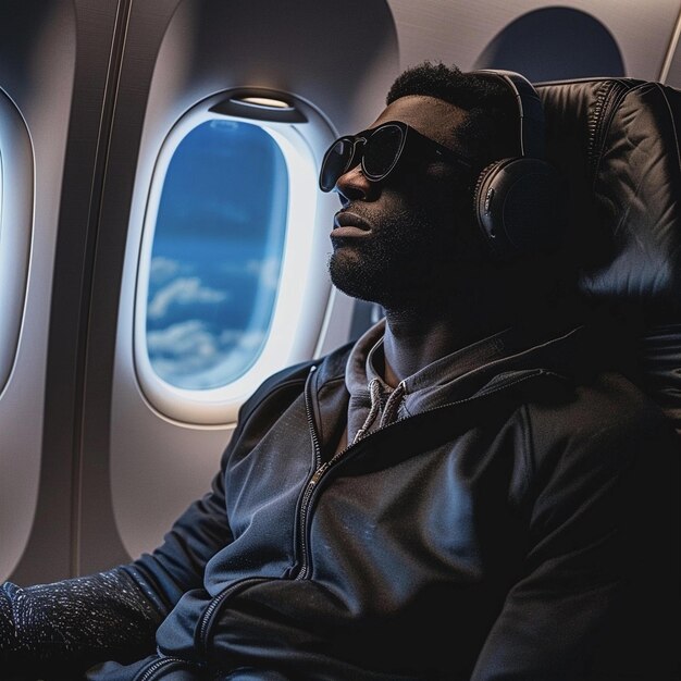 L'homme est assis dans un avion portant un masque de sommeil et des écouteurs