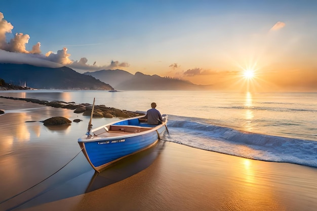 Un homme est assis dans un bateau sur une plage au coucher du soleil.