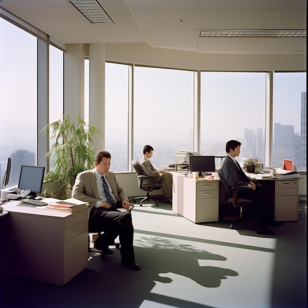 Un homme est assis dans un bureau avec un ordinateur sur son ordinateur portable.