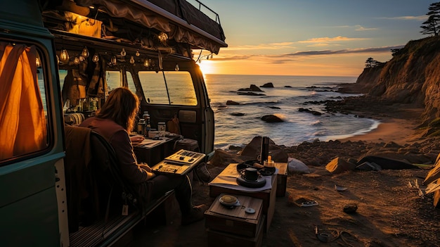 Photo un homme est assis dans une camionnette avec un menu sur le devant.