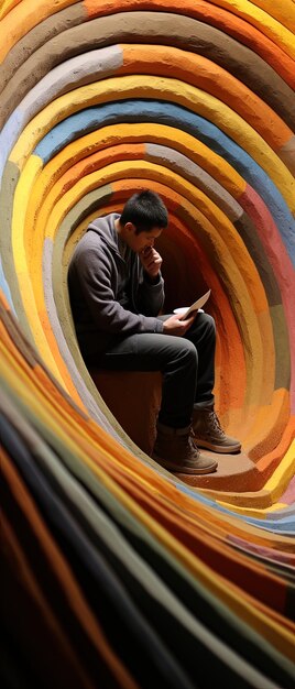 un homme est assis dans un cercle de papier multicolore