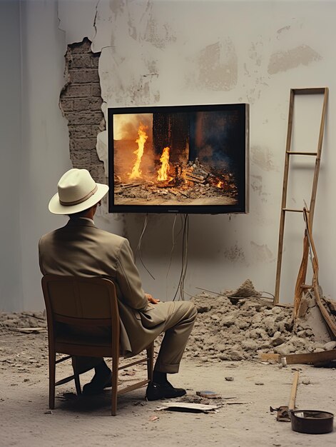 un homme est assis dans une chaise devant un téléviseur qui a un feu dessus