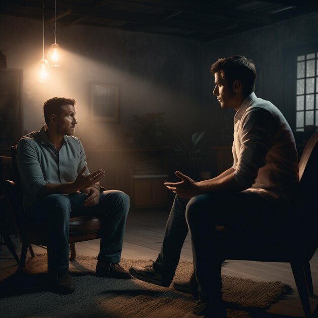 Photo un homme est assis dans une chaise et parle avec un autre homme dans une pièce sombre.