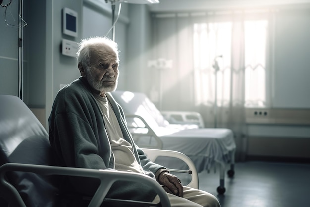 Un homme est assis dans une chambre d'hôpital avec une lumière qui brille sur lui.