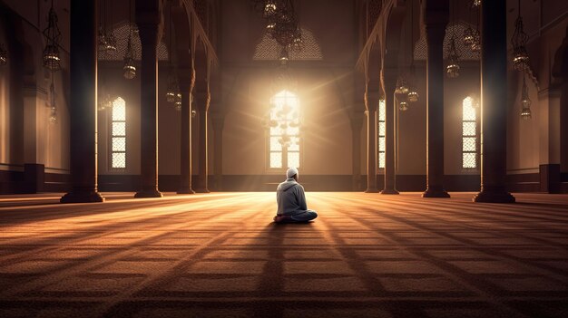 Un homme est assis dans une mosquée devant une fenêtre avec la lumière qui brille à travers elle.