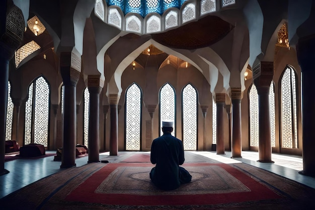 Un homme est assis dans une mosquée avec une grande fenêtre et un dôme bleu.