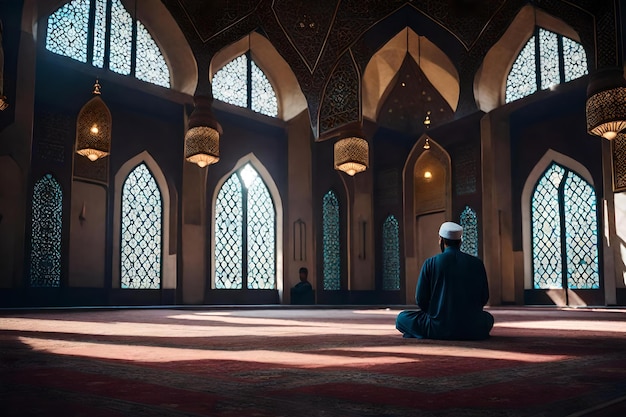 Un homme est assis dans une mosquée avec les mains sur les genoux.