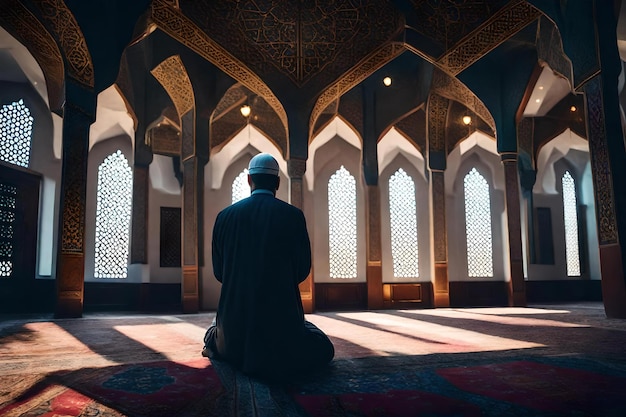 Un homme est assis dans une mosquée avec ses mains en prière.