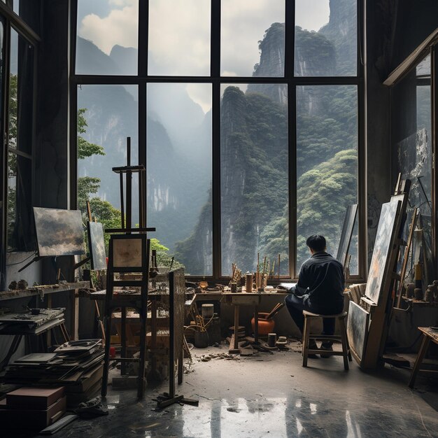 Photo un homme est assis dans une pièce avec une peinture sur le mur et une montagne en arrière-plan.