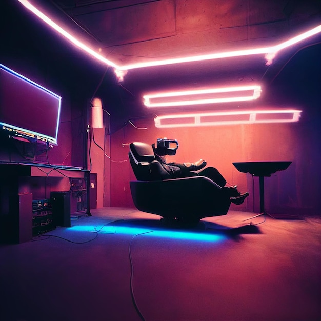 Photo un homme est assis dans une pièce sombre avec un casque de réalité virtuelle.