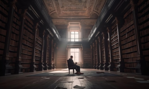 Un homme est assis dans une pièce sombre avec des livres sur le sol et les mots "le livre est visible"