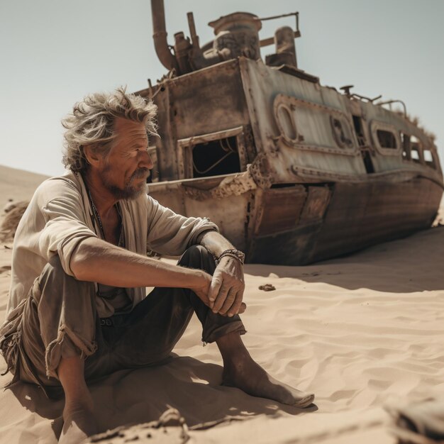 Un homme est assis dans le sable avec un bateau derrière lui.