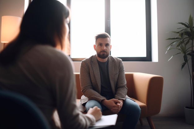 Un homme est assis dans une salle d'attente avec une femme en costume et veste.