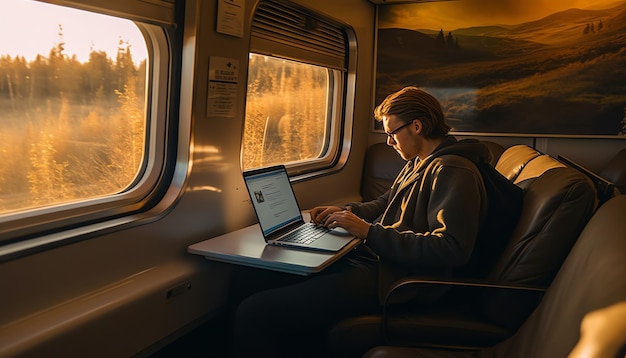 Un homme est assis dans un train avec un ordinateur portable sur ses genoux