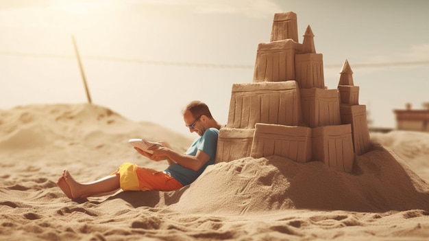 Un homme est assis devant un château de sable fabriqué par la société des châteaux de sable.