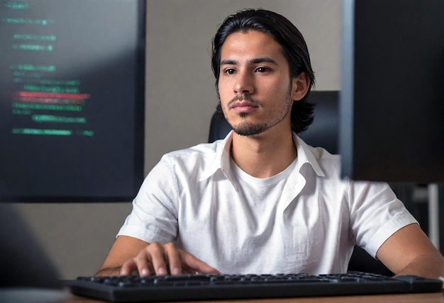 Photo un homme est assis devant un écran d'ordinateur qui dit mac