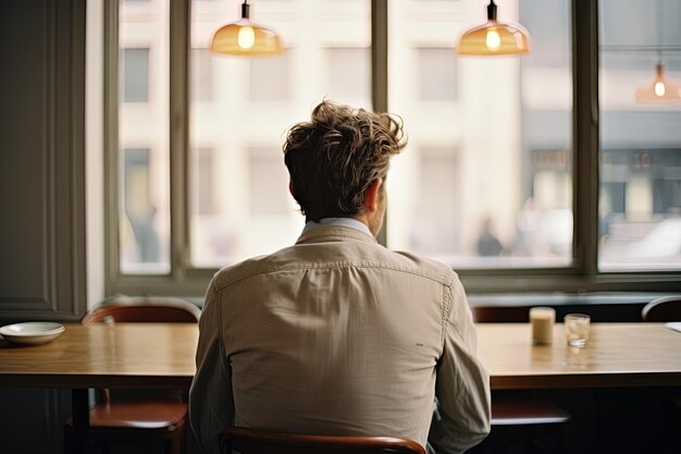 Photo un homme est assis devant une fenêtre avec une vue sur une ville