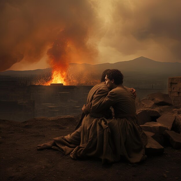 Photo un homme est assis devant un feu qui brûle