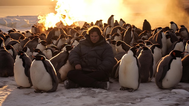 un homme est assis devant un grand groupe de pingouins.