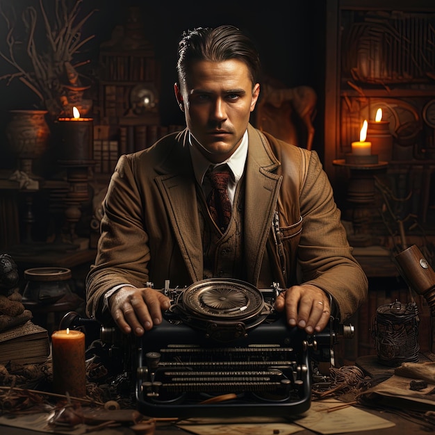 Photo un homme est assis devant une machine à écrire qui dit que la machine à écrit