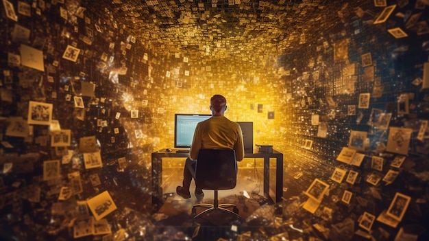 Un homme est assis devant un ordinateur dans une pièce pleine de pièces d'or.