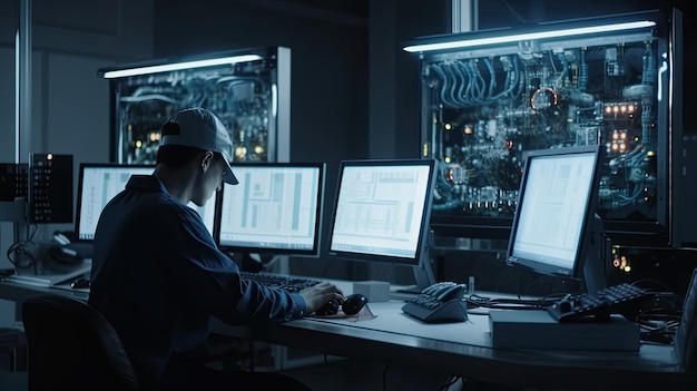 Un homme est assis devant un ordinateur dans une pièce sombre, avec une casquette blanche.