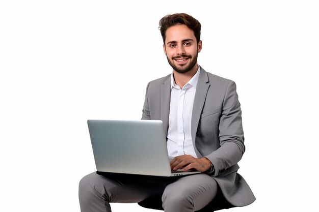 un homme est assis devant un ordinateur portable qui dit qu'il est un MacBook Pro