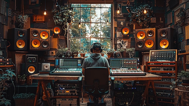 un homme est assis devant une planche à son et joue de la musique