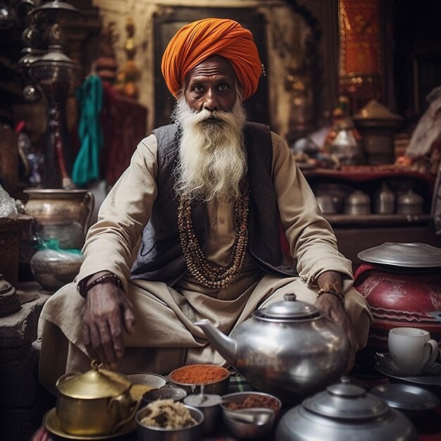 un homme est assis devant une table avec des pots et des casseroles