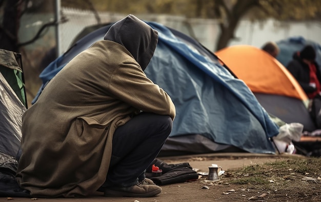 Un homme est assis devant une tente avec une canette de bière dessus