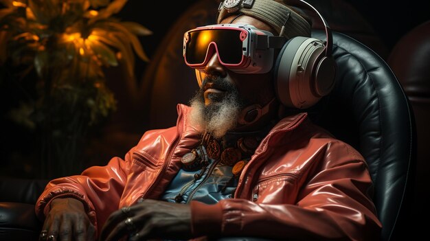 Un homme est assis sur un fauteuil portant un casque de réalité virtuelle