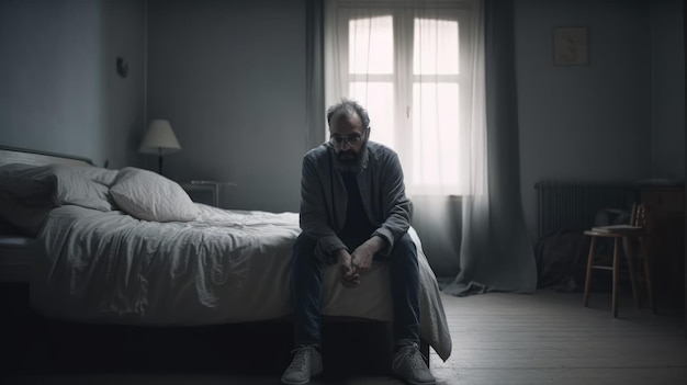 Un homme est assis sur un lit dans une pièce sombre avec une lampe au mur.