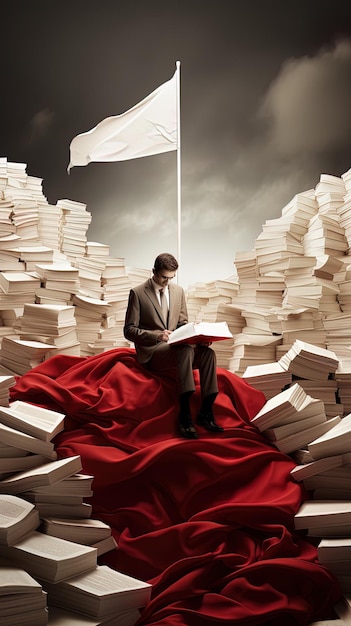 Photo un homme est assis sur une pile de livres avec un drapeau au milieu