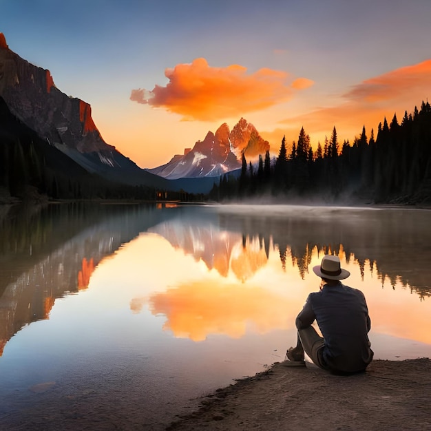 Un homme est assis sur une plage devant une montagne et le ciel est orange et le soleil se couche