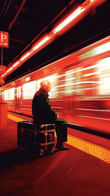 Photo un homme est assis sur une plate-forme devant un panneau rouge qui dit 