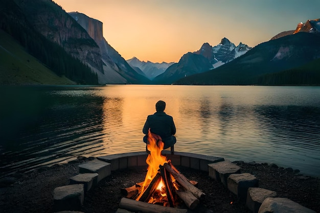 un homme est assis près d'un feu de camp devant un lac de montagne.