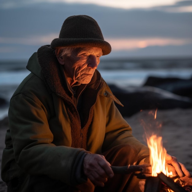 Un homme est assis près d'un feu avec un chapeau.