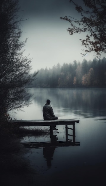 Un homme est assis sur un quai au milieu d'un lac.