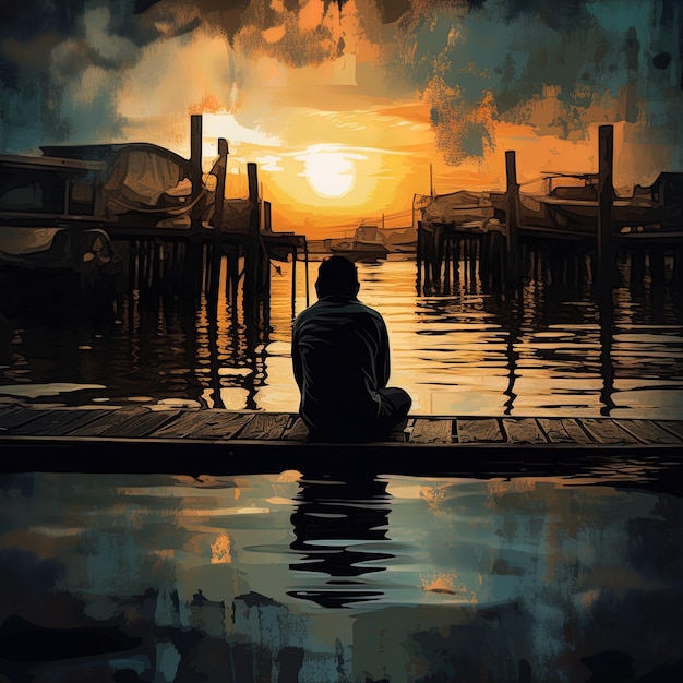 un homme est assis sur un quai avec un coucher de soleil en arrière-plan