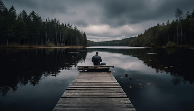 Un homme est assis sur un quai devant un lac et regarde au loin.