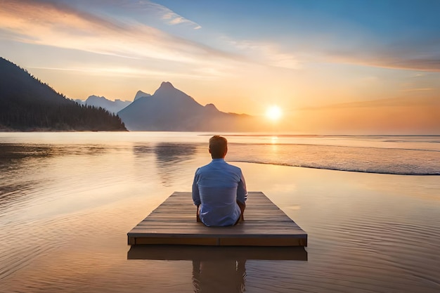 Un homme est assis sur un quai en regardant un coucher de soleil sur le lac Banff.