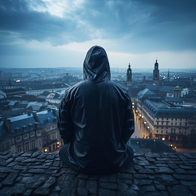 Photo un homme est assis sur un rebord en regardant une ville