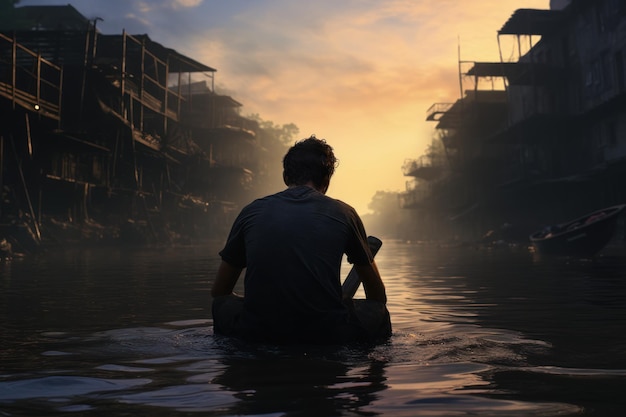 L'homme est assis sur la rivière du matin, les gens voyagent, génèrent de l'air.