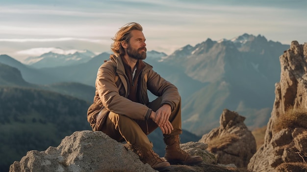 Un homme est assis sur un rocher devant une chaîne de montagnes.