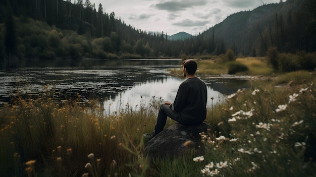 Un homme est assis sur un rocher devant un lac avec des montagnes en arrière-plan.