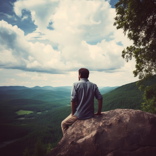Un homme est assis sur un rocher et surplombe une vallée.