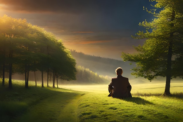 Un homme est assis sur une route devant une forêt et regarde le ciel.